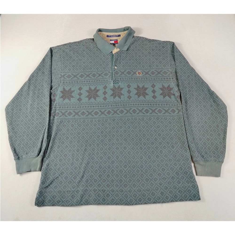 Vintage Tommy Hilfiger Polo Shirt‎ Mens XL Teal Fair Isle 90s Crest University